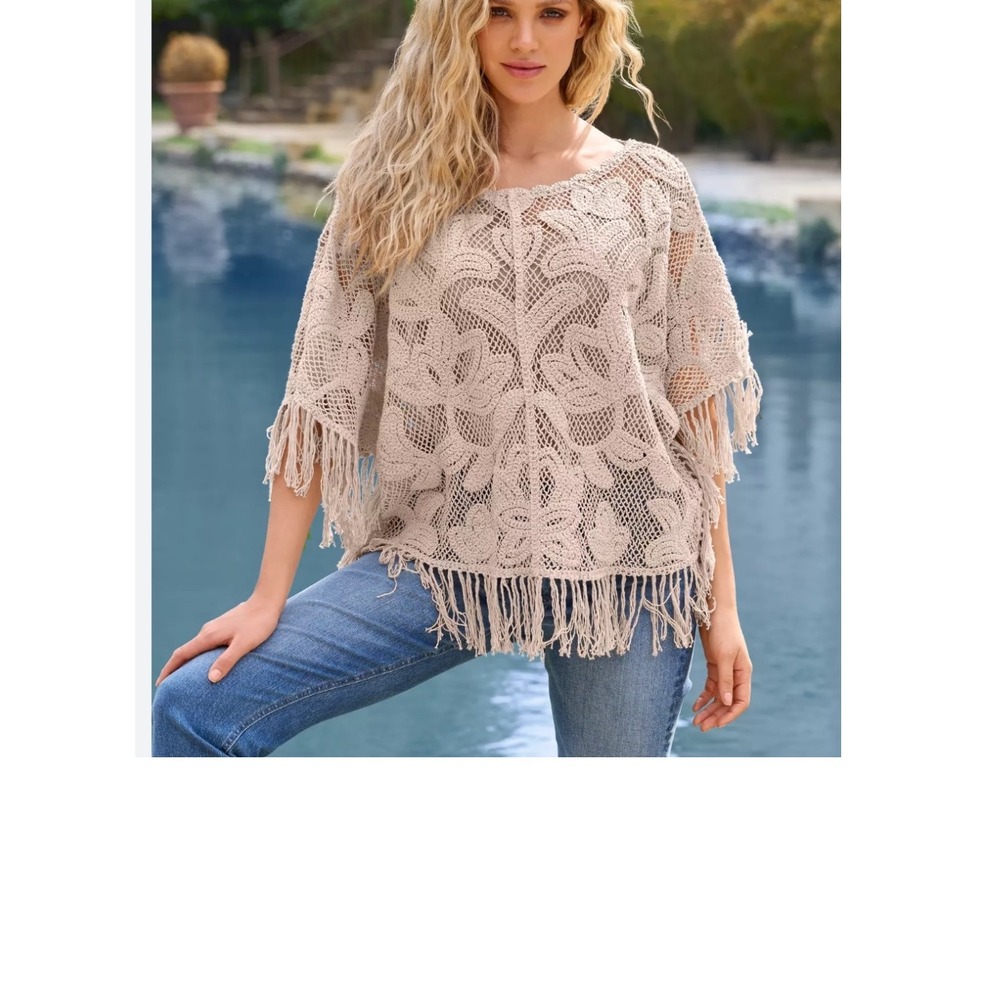 Boston Proper Crochet Tunic Poncho Top Beige XS/S‎ Fringe Boho